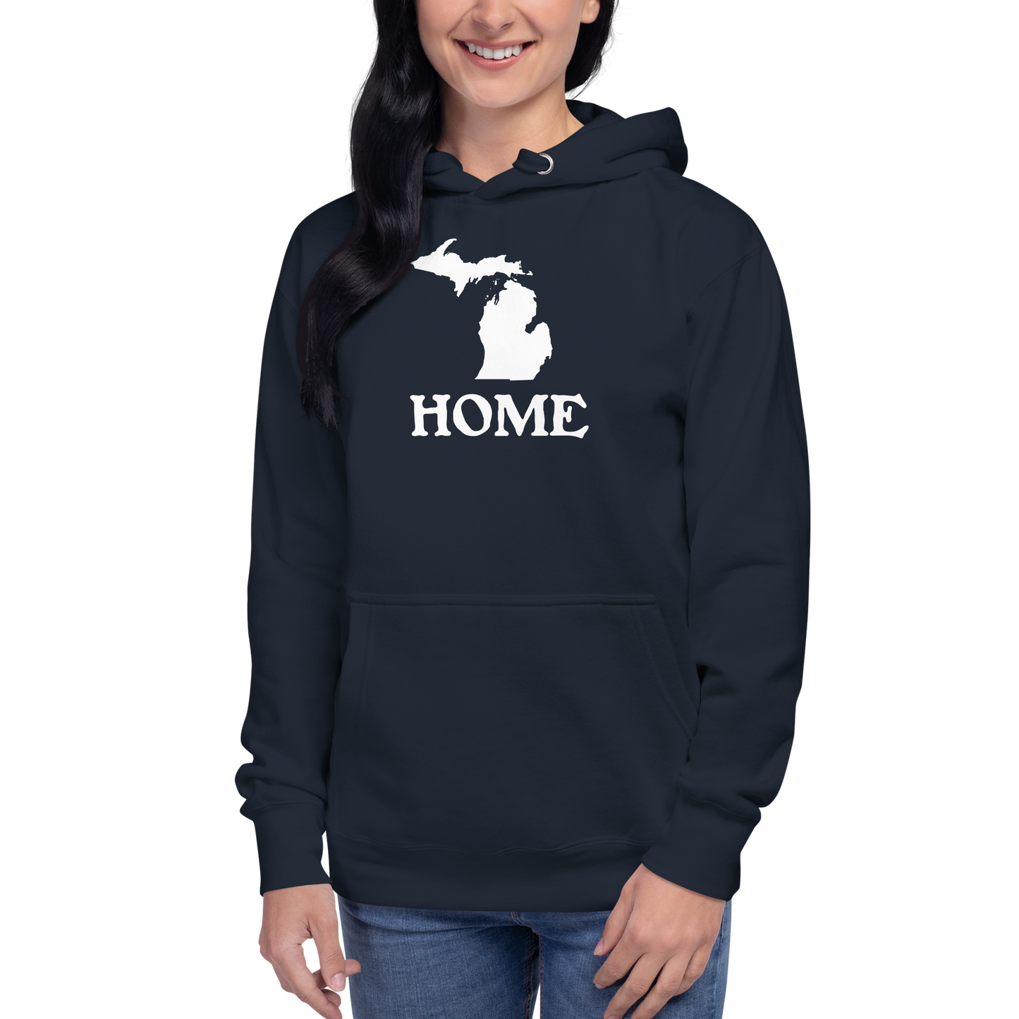 Michigan 'Home' Unisex Premium Hoodie (Woodcut Font w/ MI Outline)