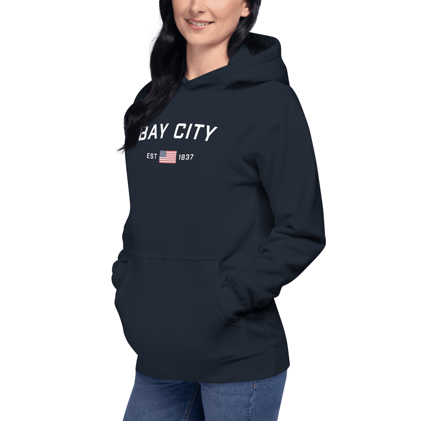 'Bay City EST 1837' Hoodie (w/ USA Flag Outline) | Unisex Premium - Circumspice Michigan