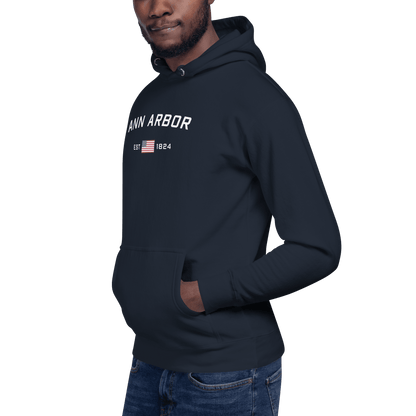 'Ann Arbor EST 1824' Hoodie (w/ USA Flag Outline) | Unisex Premium - Circumspice Michigan