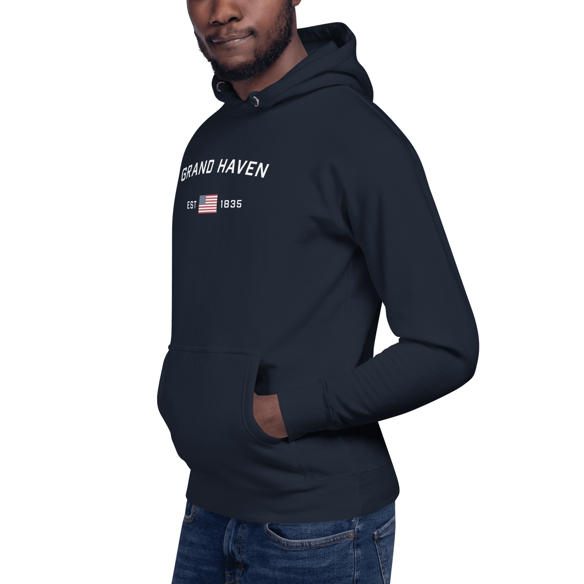 'Grand Haven EST 1835' Hoodie (w/ USA Flag Outline) | Unisex Premium - Circumspice Michigan