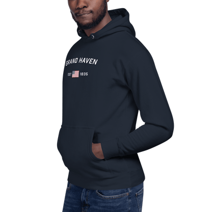 'Grand Haven EST 1835' Hoodie (w/ USA Flag Outline) | Unisex Premium - Circumspice Michigan