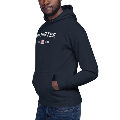 'Manistee EST 1840' Hoodie (w/USA Flag Outline) | Unisex Premium - Circumspice Michigan