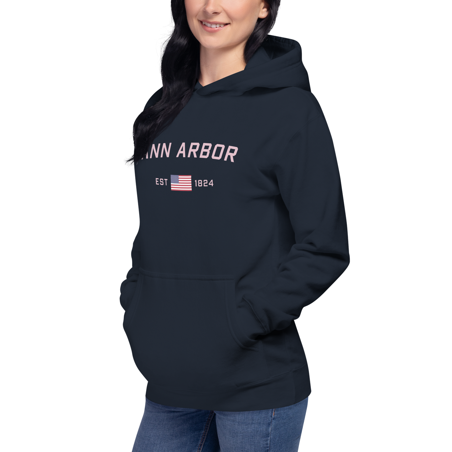 'Ann Arbor 1824' Unisex Premium Hoodie (Pink Type w/USA Flag Outline)