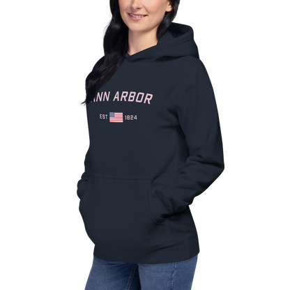 'Ann Arbor 1824' Unisex Premium Hoodie (Pink Type w/USA Flag Outline)