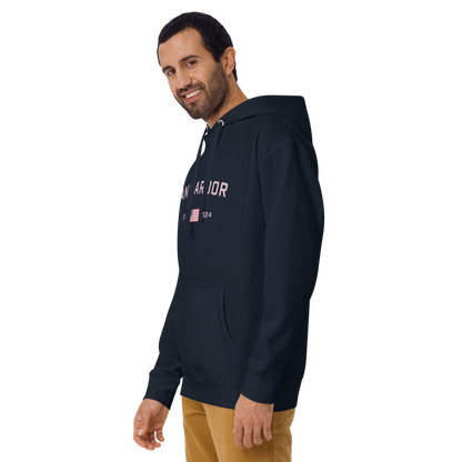 'Ann Arbor 1824' Unisex Premium Hoodie (Pink Type w/USA Flag Outline)