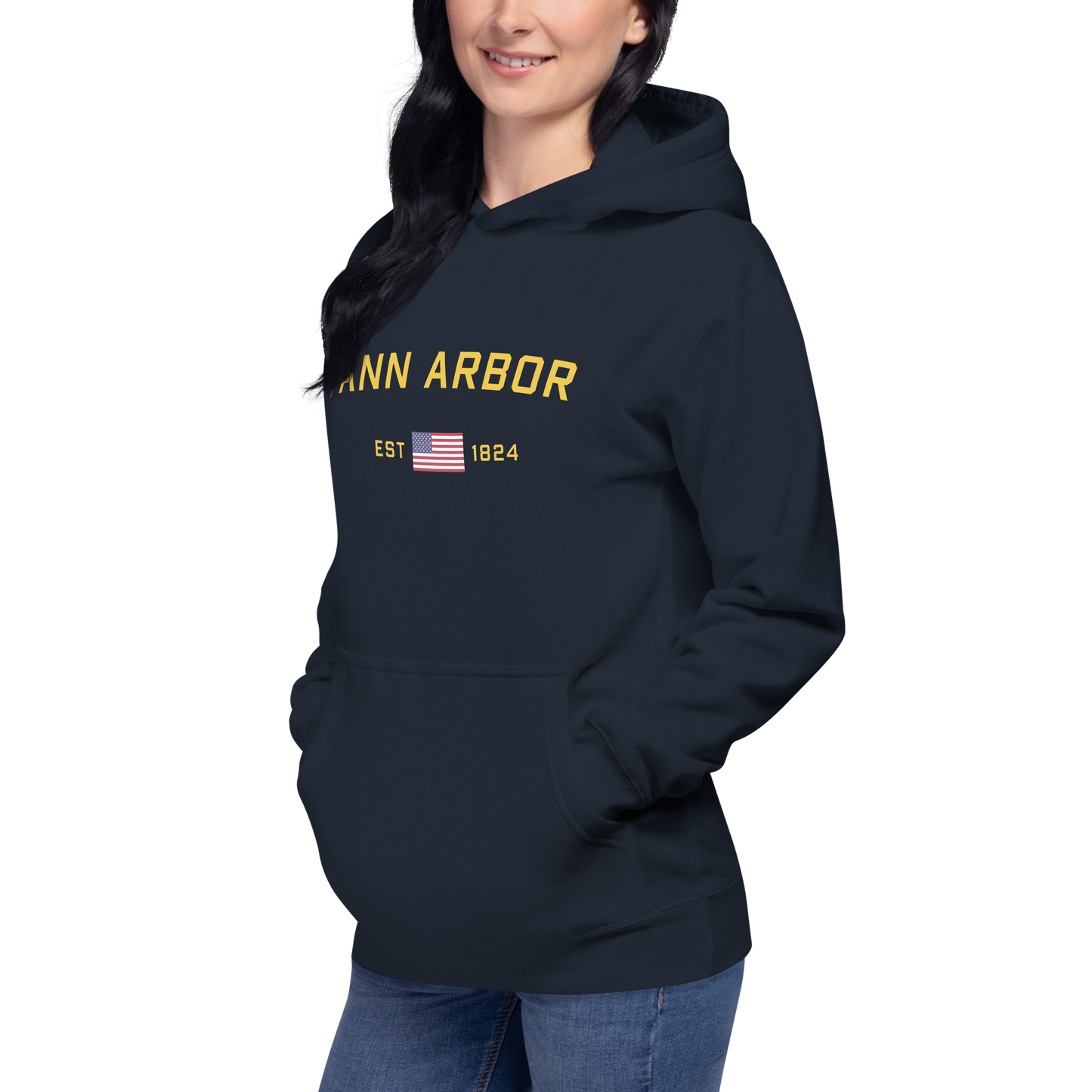 'Ann Arbor EST 1824' Unisex Premium Hoodie (Gold Type w/USA Flag Outline)