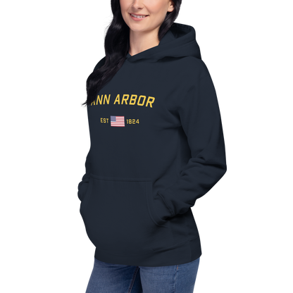 'Ann Arbor EST 1824' Unisex Premium Hoodie (Gold Type w/USA Flag Outline)