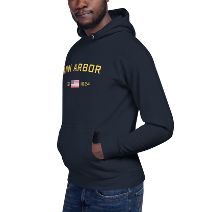 'Ann Arbor EST 1824' Unisex Premium Hoodie (Gold Type w/USA Flag Outline)