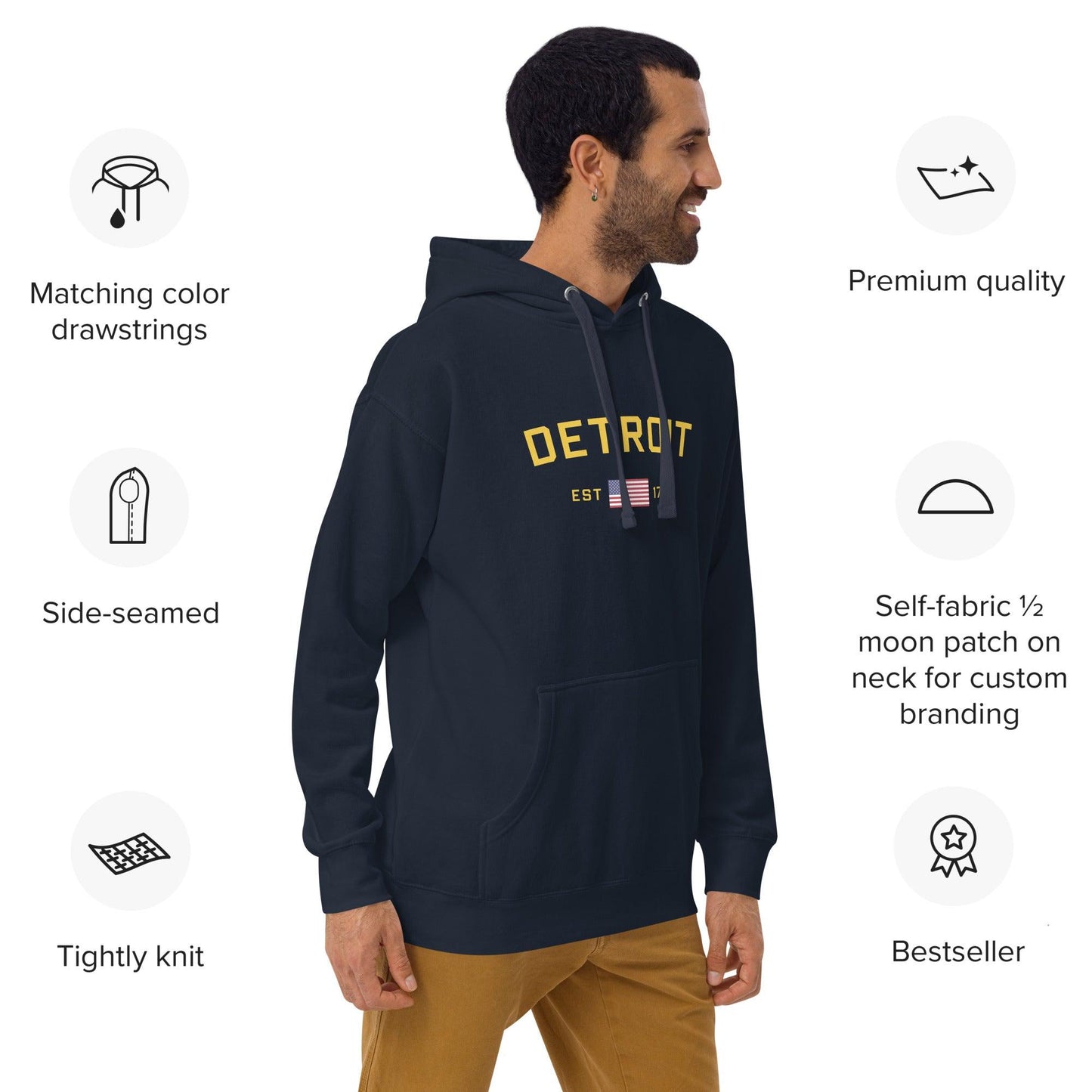 'Detroit EST 1701' Hoodie (w/ United States Flag) | Unisex Premium - Circumspice Michigan