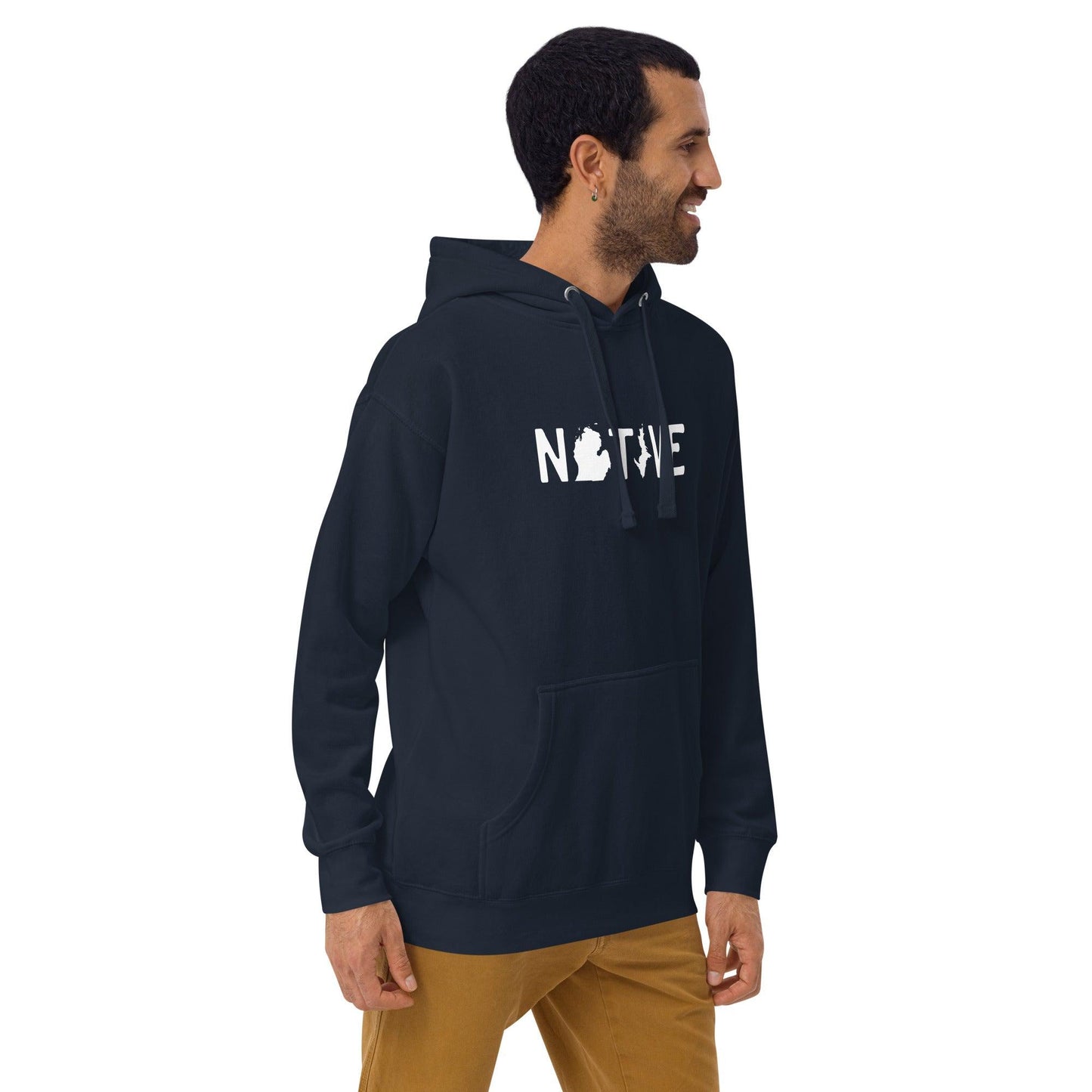 Michigan 'Native' Hoodie (White/Navy Licence Plate Font) | Unisex Premium - Circumspice Michigan