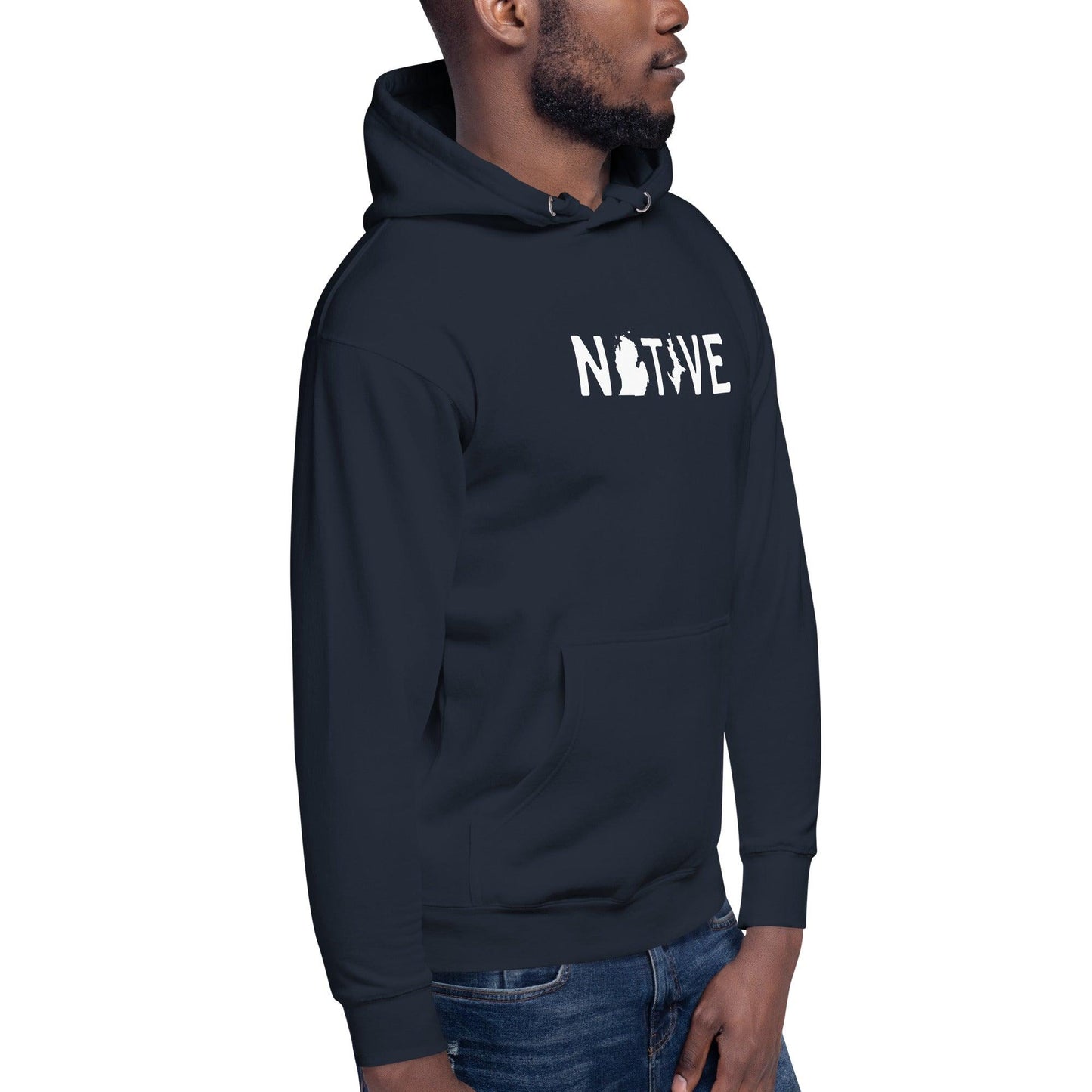 Michigan 'Native' Hoodie (White/Navy Licence Plate Font) | Unisex Premium - Circumspice Michigan