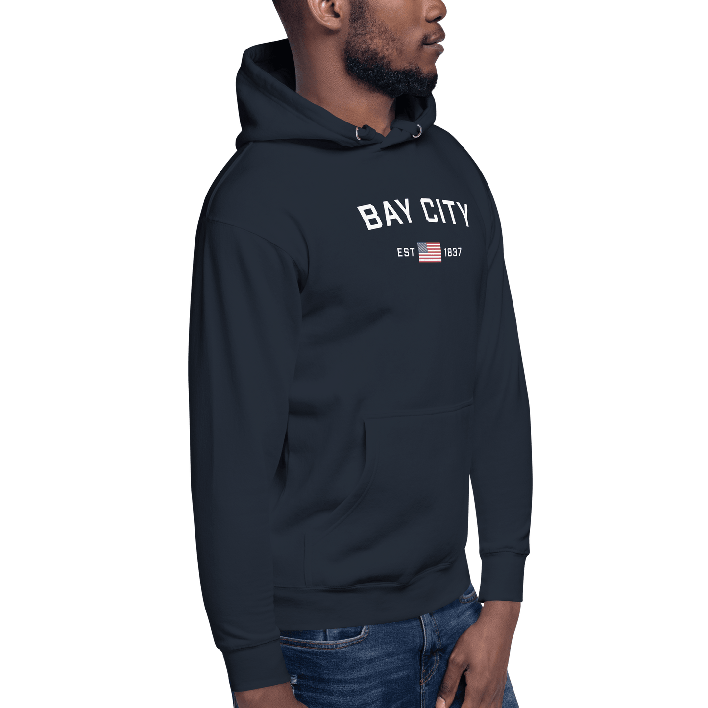 'Bay City EST 1837' Hoodie (w/ USA Flag Outline) | Unisex Premium - Circumspice Michigan