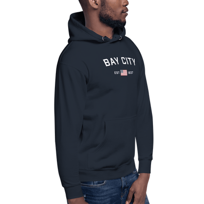 'Bay City EST 1837' Hoodie (w/ USA Flag Outline) | Unisex Premium - Circumspice Michigan