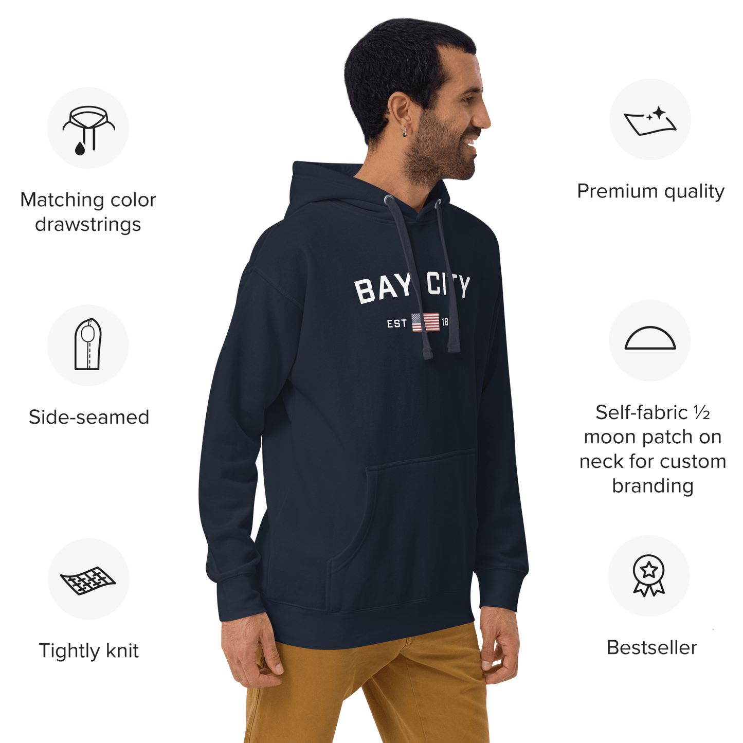 'Bay City EST 1837' Hoodie (w/ USA Flag Outline) | Unisex Premium - Circumspice Michigan