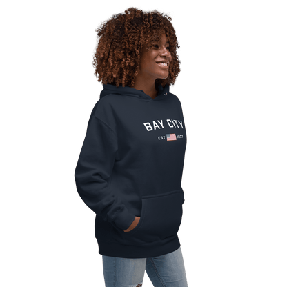 'Bay City EST 1837' Hoodie (w/ USA Flag Outline) | Unisex Premium - Circumspice Michigan