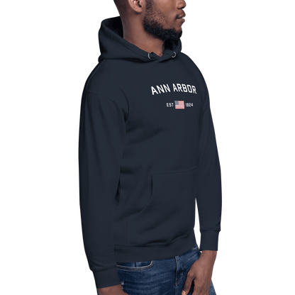 'Ann Arbor EST 1824' Hoodie (w/ USA Flag Outline) | Unisex Premium - Circumspice Michigan