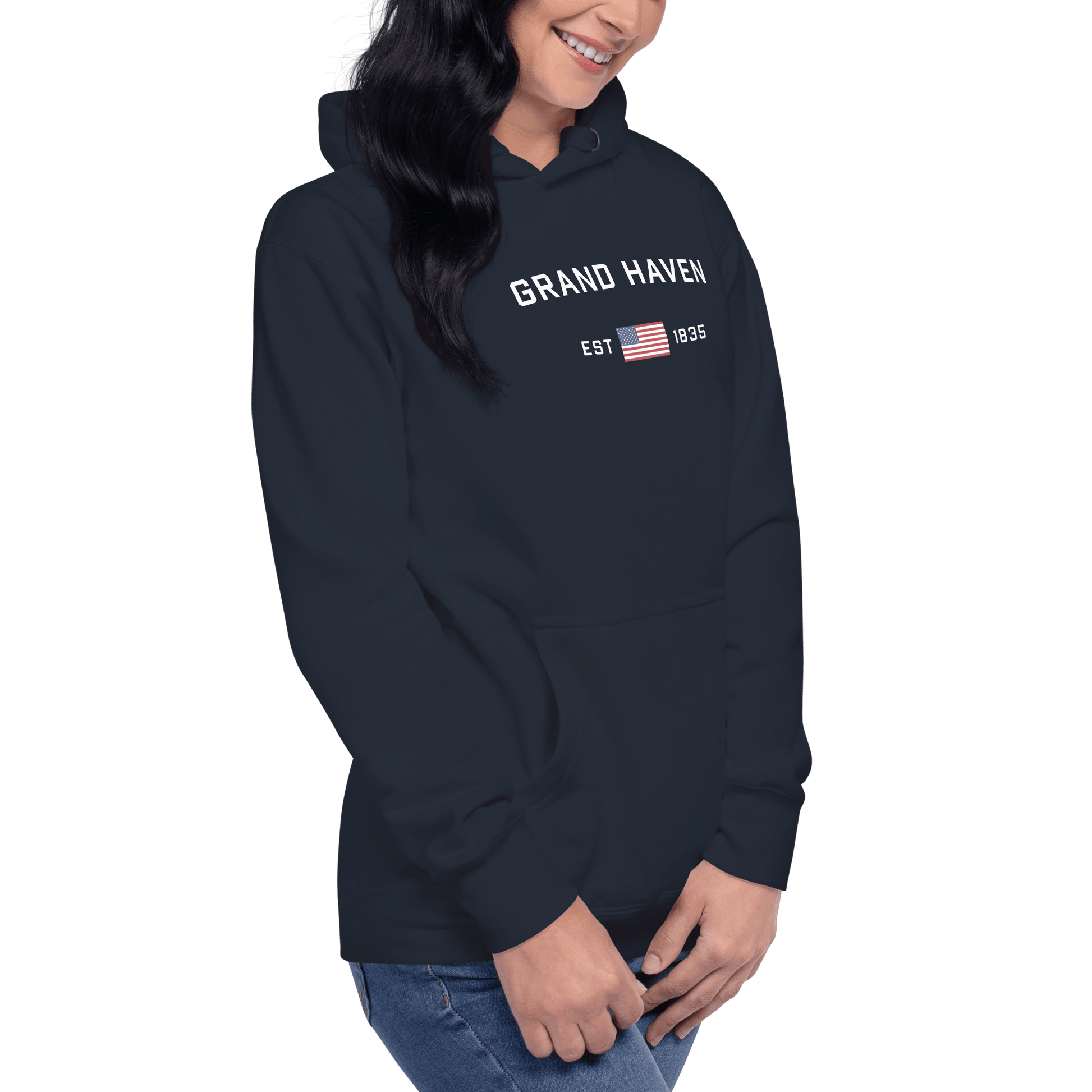 'Grand Haven EST 1835' Hoodie (w/ USA Flag Outline) | Unisex Premium - Circumspice Michigan