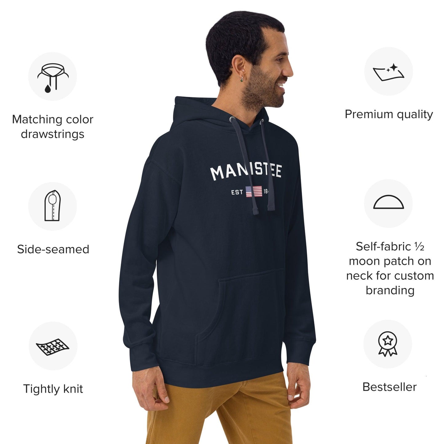 'Manistee EST 1840' Hoodie (w/USA Flag Outline) | Unisex Premium - Circumspice Michigan