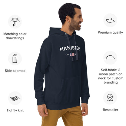 'Manistee EST 1840' Hoodie (w/USA Flag Outline) | Unisex Premium - Circumspice Michigan