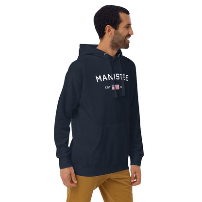 'Manistee EST 1840' Hoodie (w/USA Flag Outline) | Unisex Premium - Circumspice Michigan