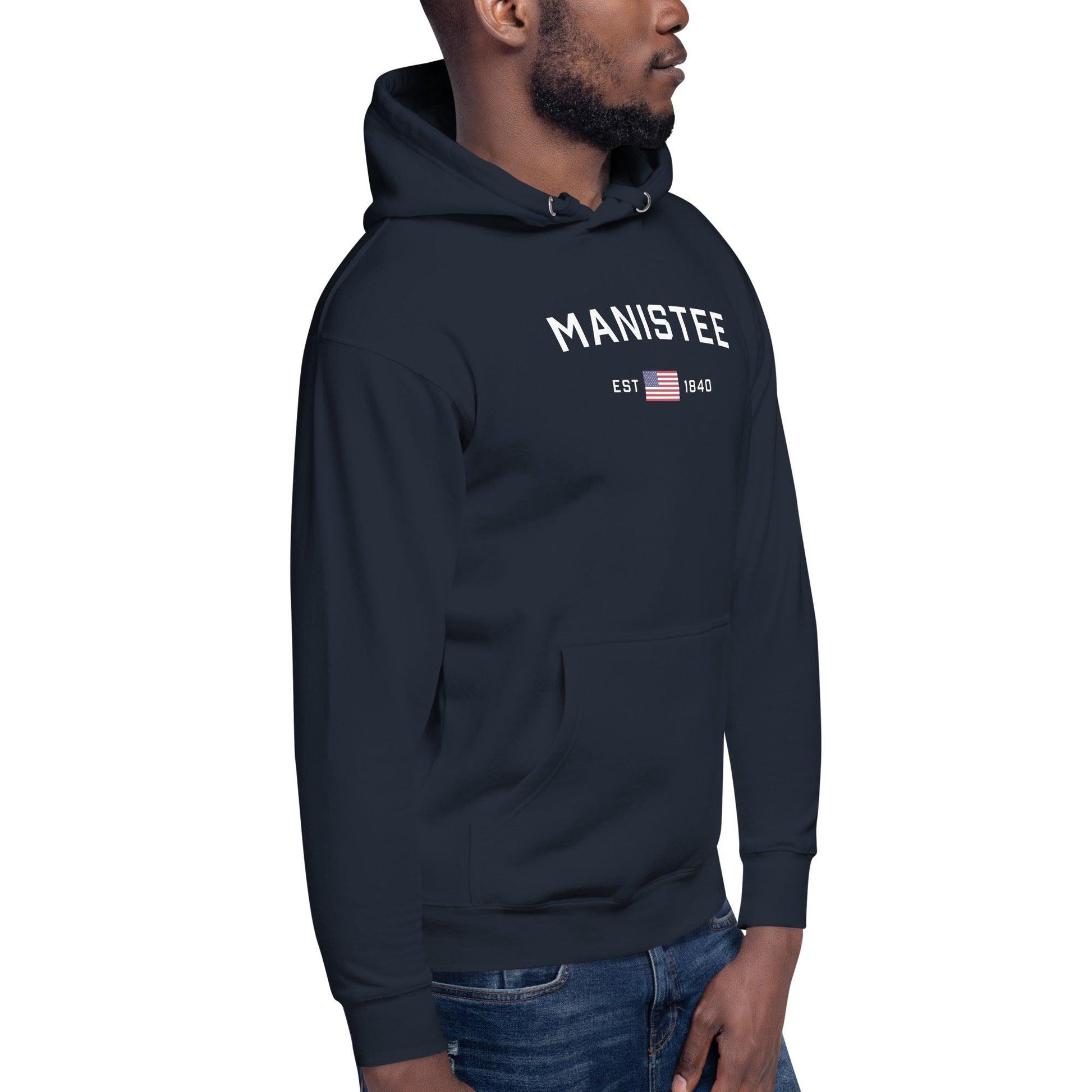 'Manistee EST 1840' Hoodie (w/USA Flag Outline) | Unisex Premium - Circumspice Michigan