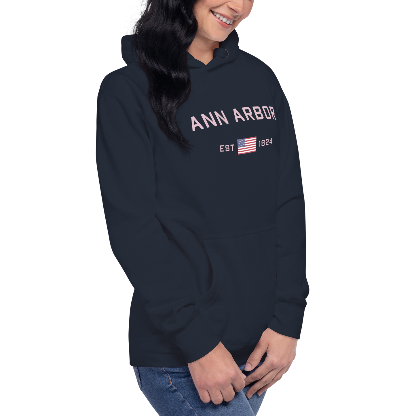 'Ann Arbor 1824' Unisex Premium Hoodie (Pink Type w/USA Flag Outline)