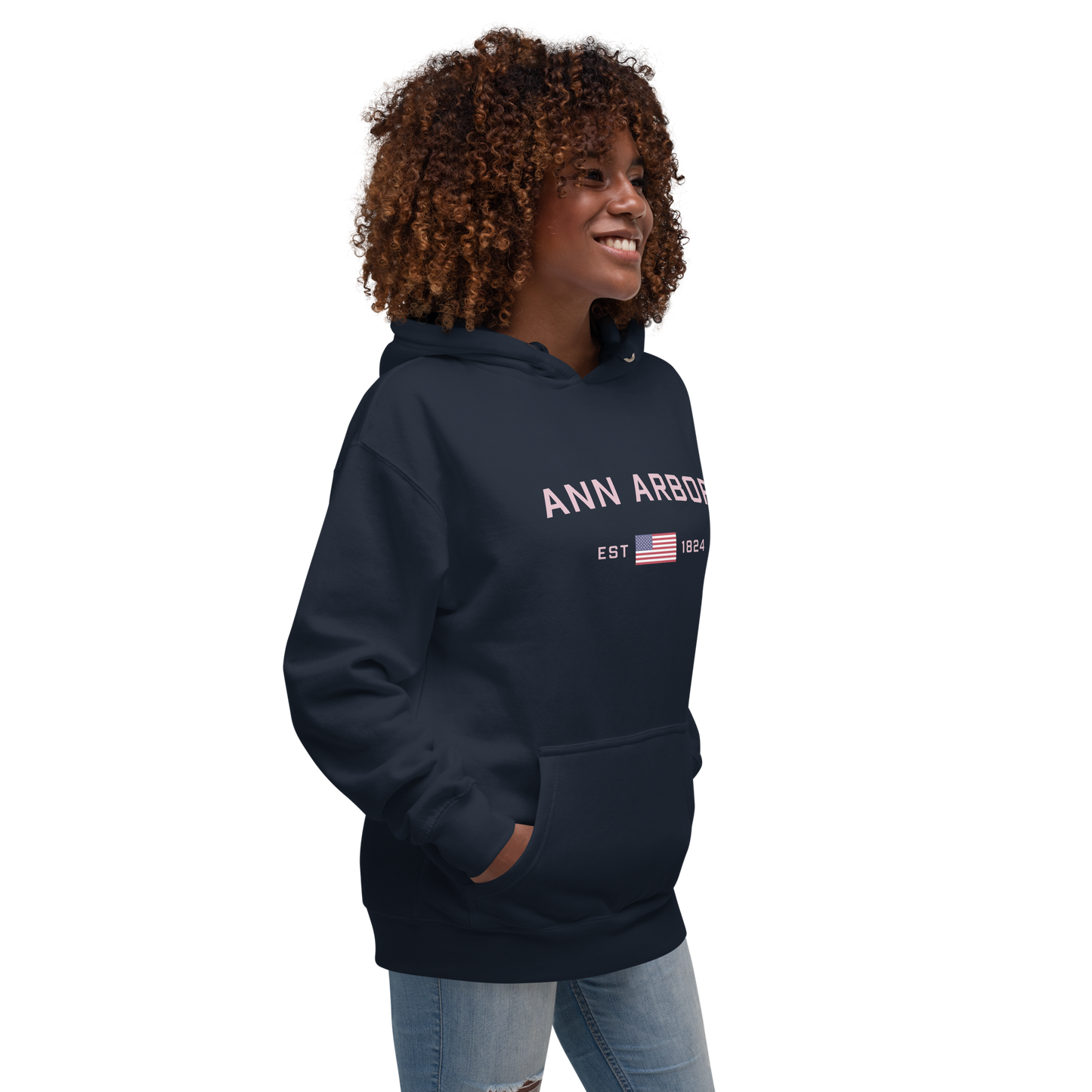 'Ann Arbor 1824' Unisex Premium Hoodie (Pink Type w/USA Flag Outline)