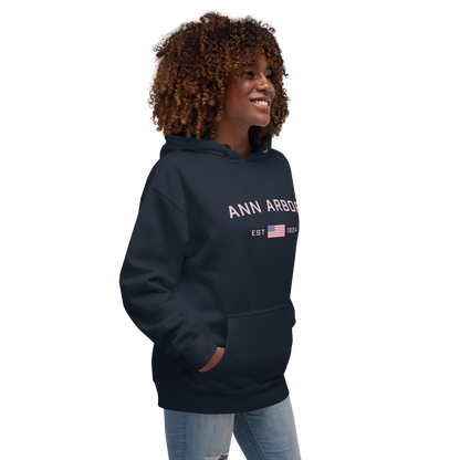 'Ann Arbor 1824' Unisex Premium Hoodie (Pink Type w/USA Flag Outline)