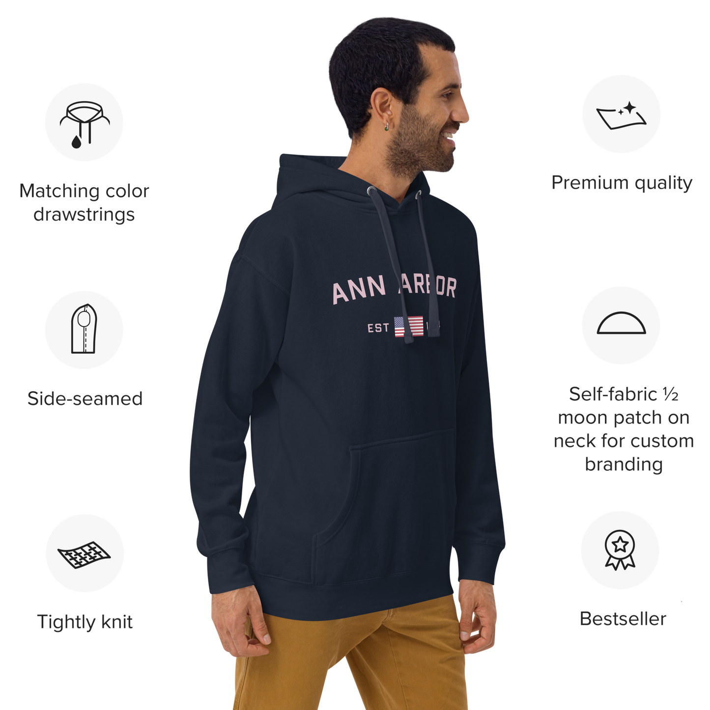 'Ann Arbor 1824' Unisex Premium Hoodie (Pink Type w/USA Flag Outline)