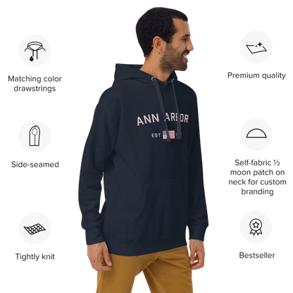 'Ann Arbor 1824' Unisex Premium Hoodie (Pink Type w/USA Flag Outline)