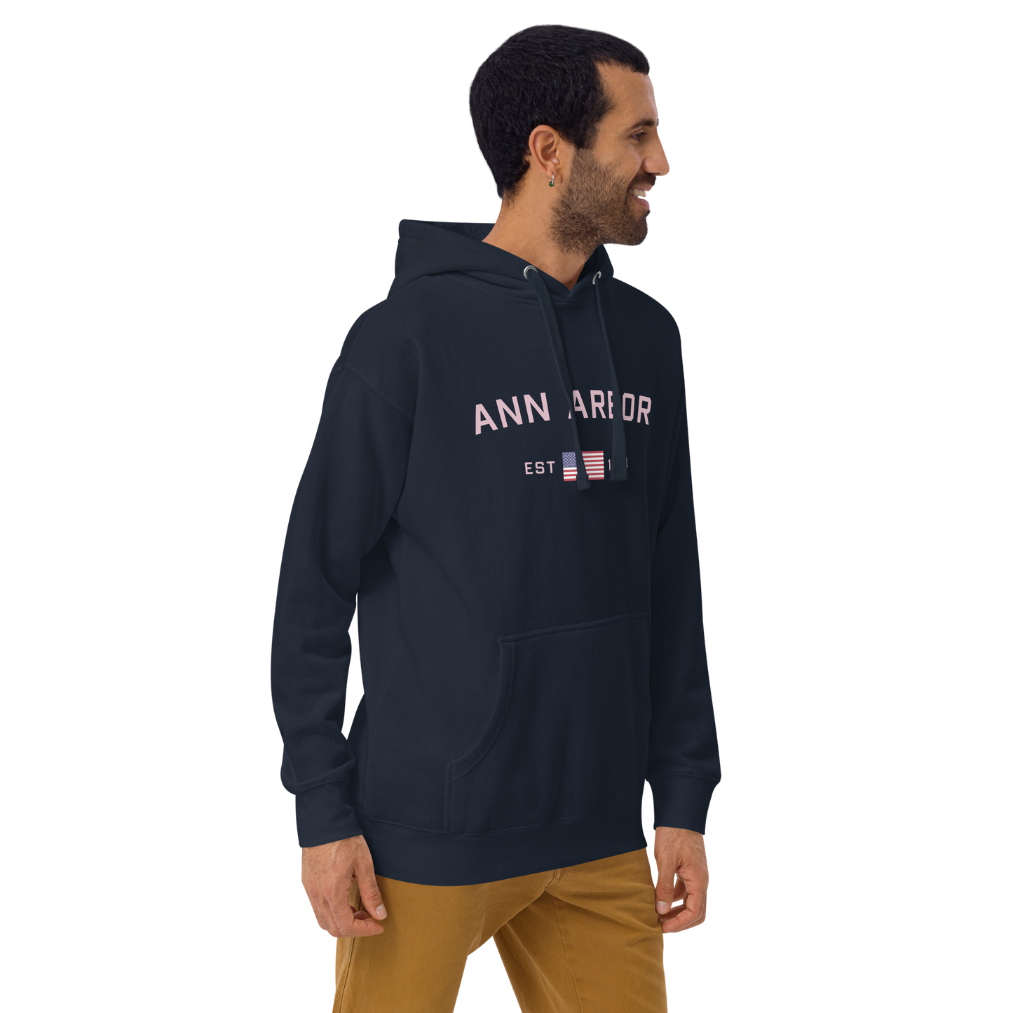 'Ann Arbor 1824' Unisex Premium Hoodie (Pink Type w/USA Flag Outline)