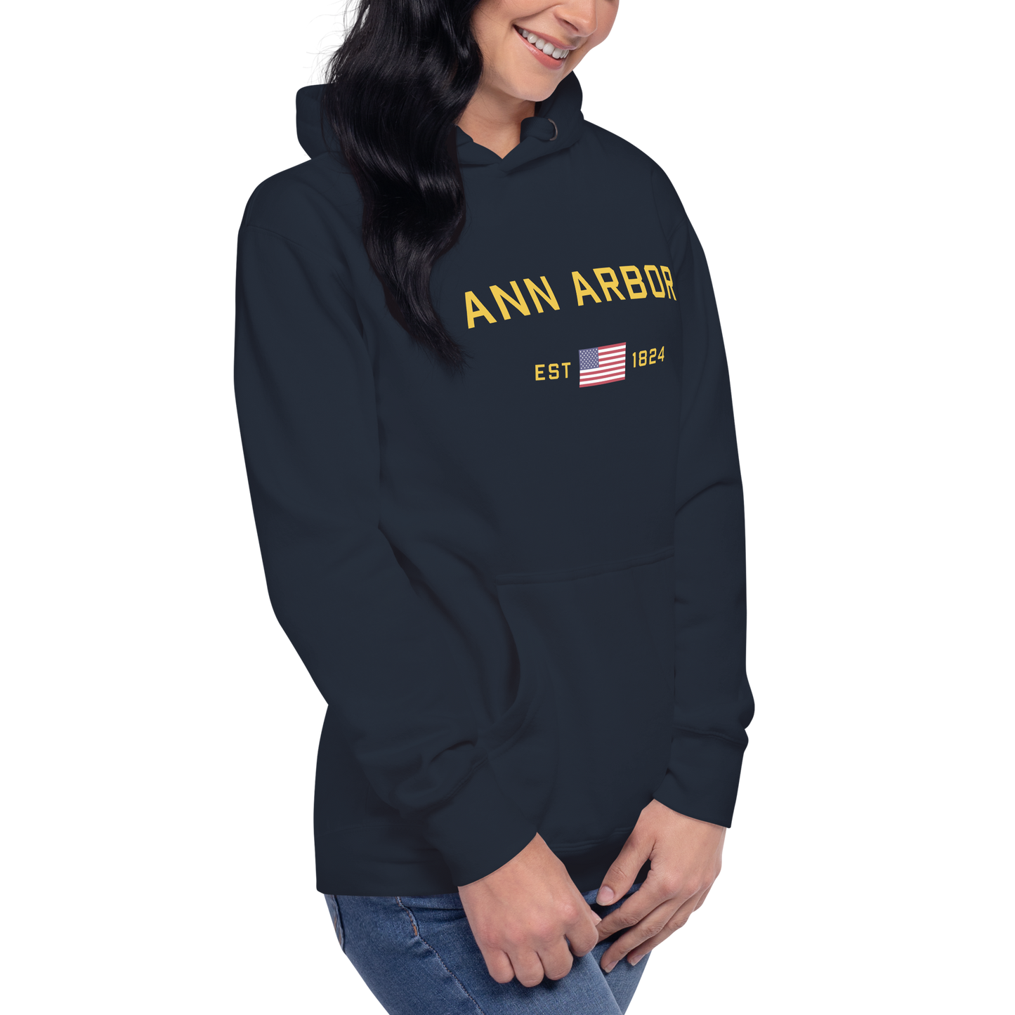 'Ann Arbor EST 1824' Unisex Premium Hoodie (Gold Type w/USA Flag Outline)