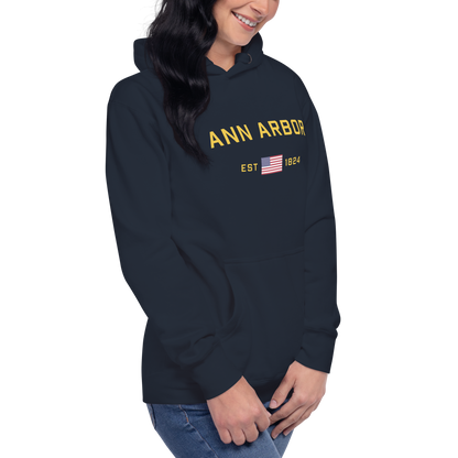 'Ann Arbor EST 1824' Unisex Premium Hoodie (Gold Type w/USA Flag Outline)