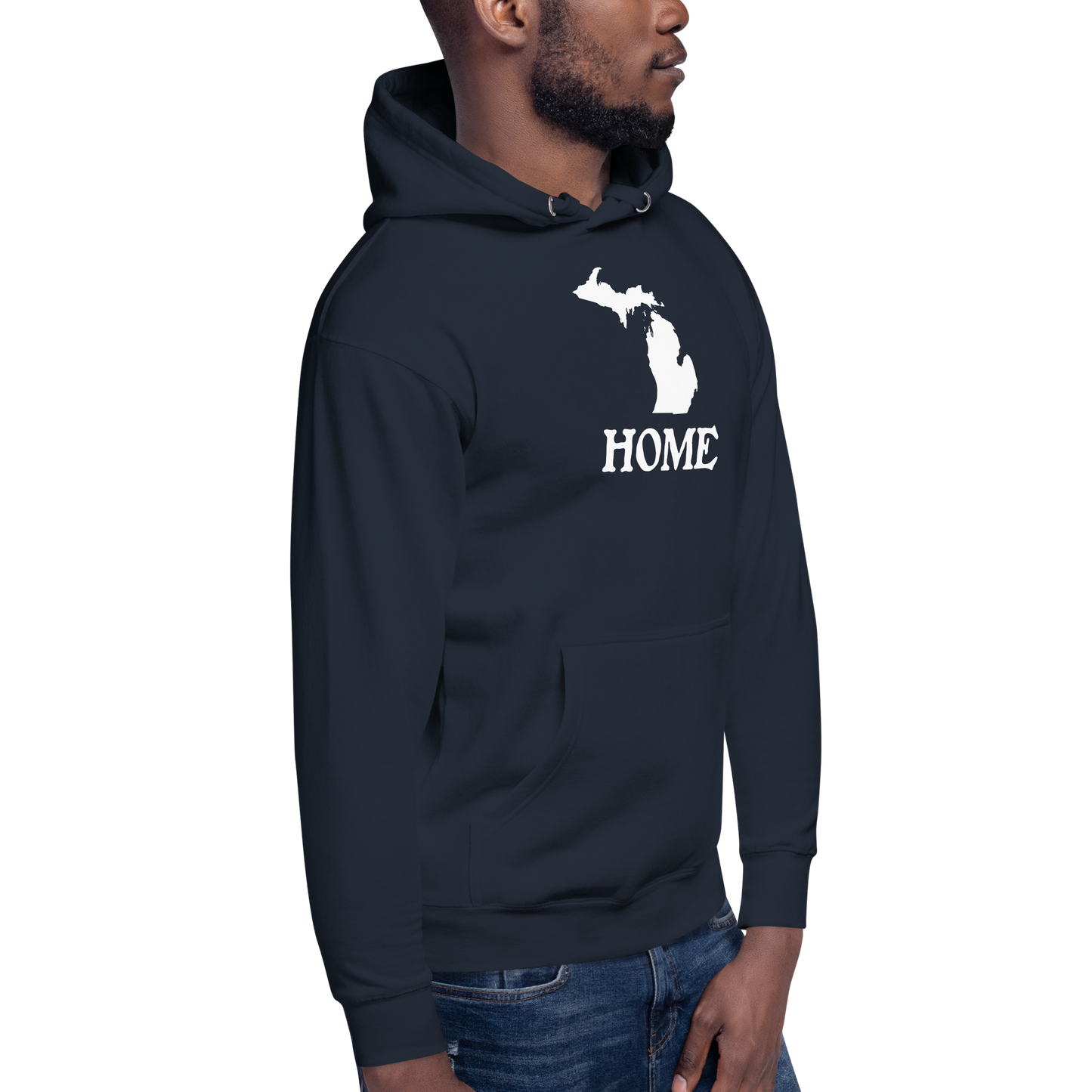 Michigan 'Home' Unisex Premium Hoodie (Woodcut Font w/ MI Outline)