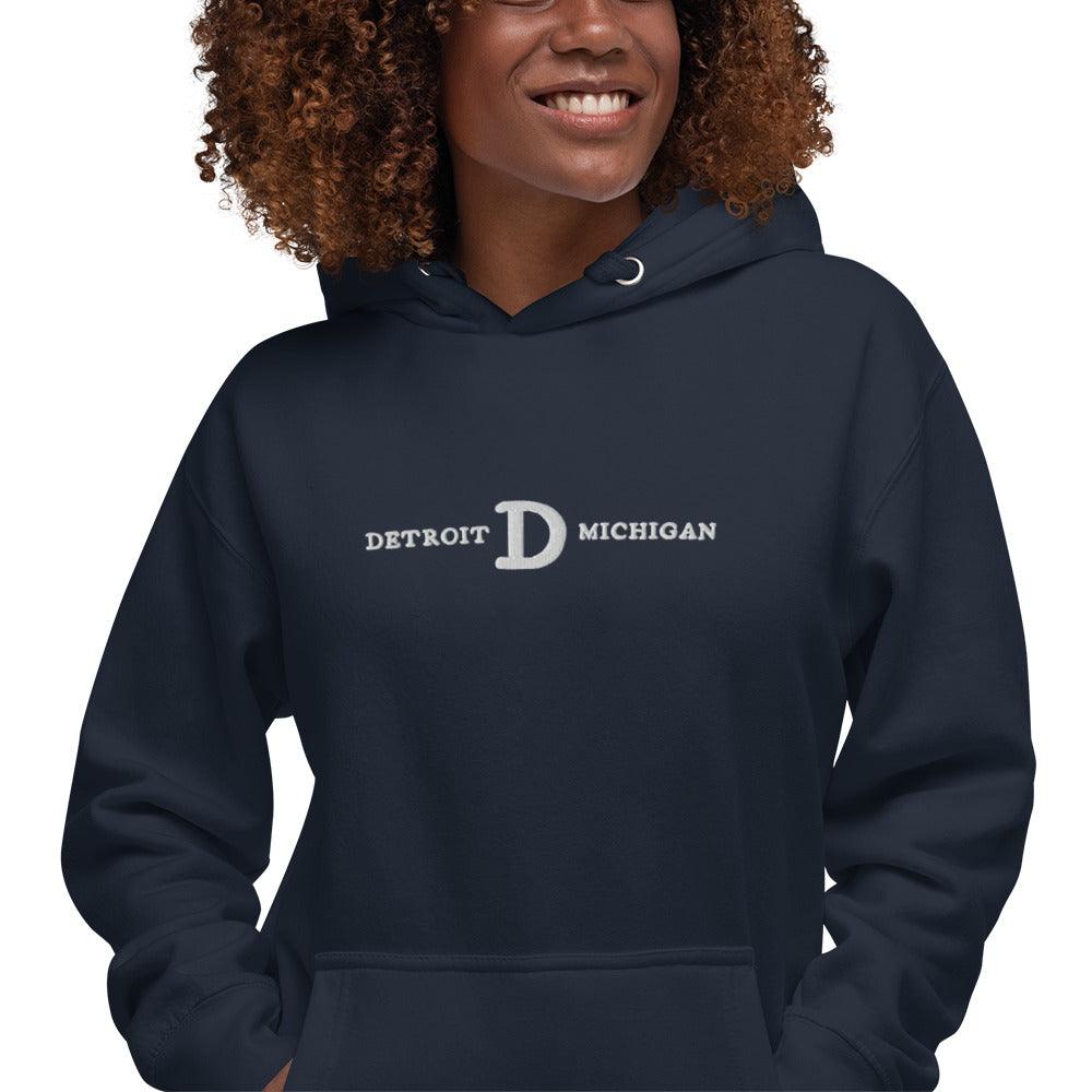 'Detroit Michigan' Hoodie (White/Navy Embroidery w/ Old French D) | Unisex Premium - Circumspice Michigan