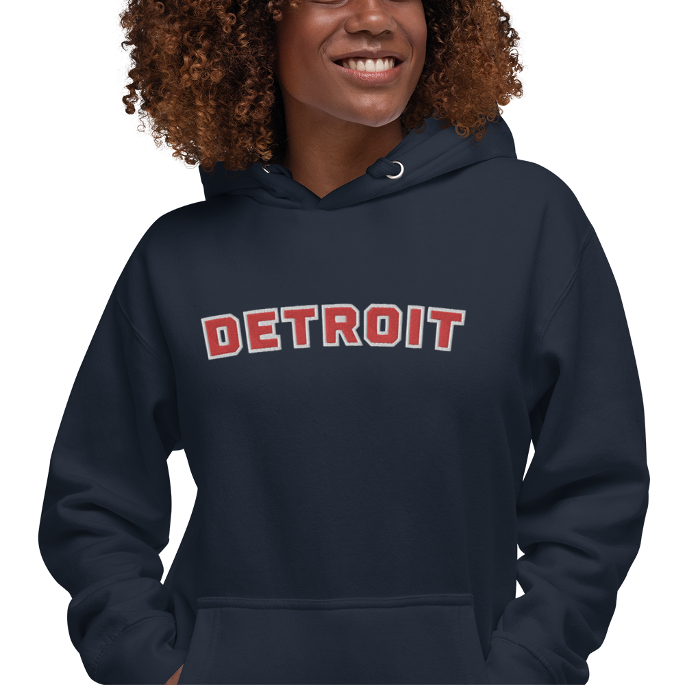 'Detroit' Unisex Premium Hoodie (Athletic Font) | Red Embroidery