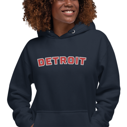 'Detroit' Unisex Premium Hoodie (Athletic Font) | Red Embroidery