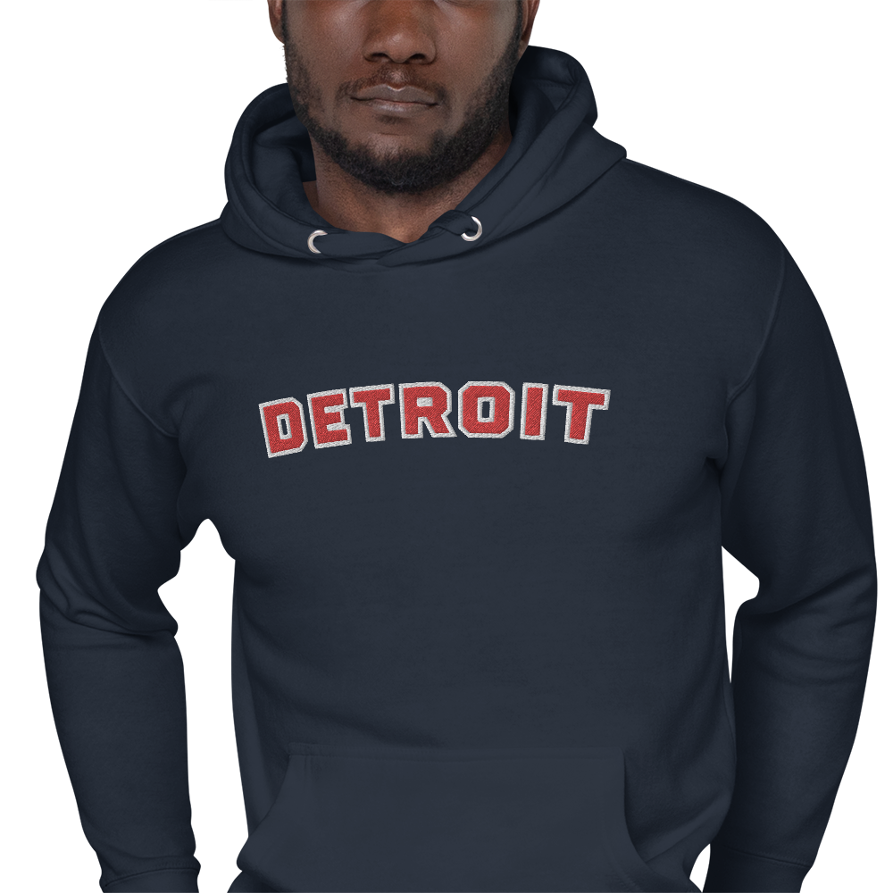 'Detroit' Unisex Premium Hoodie (Athletic Font) | Red Embroidery