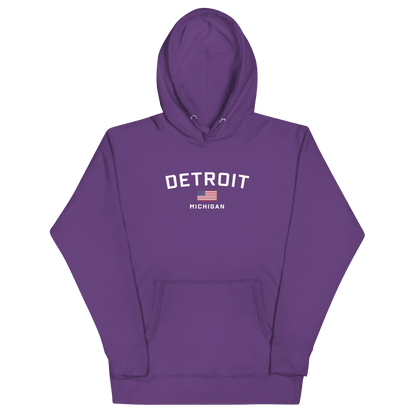 'Detroit Michigan' Hoodie (White/Navy w/ USA Flag) | Unisex Premium - Circumspice Michigan