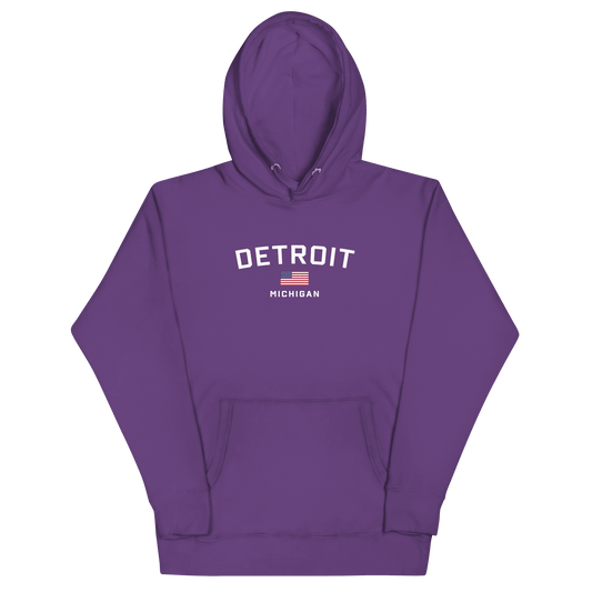 'Detroit Michigan' Hoodie (White/Navy w/ USA Flag) | Unisex Premium - Circumspice Michigan