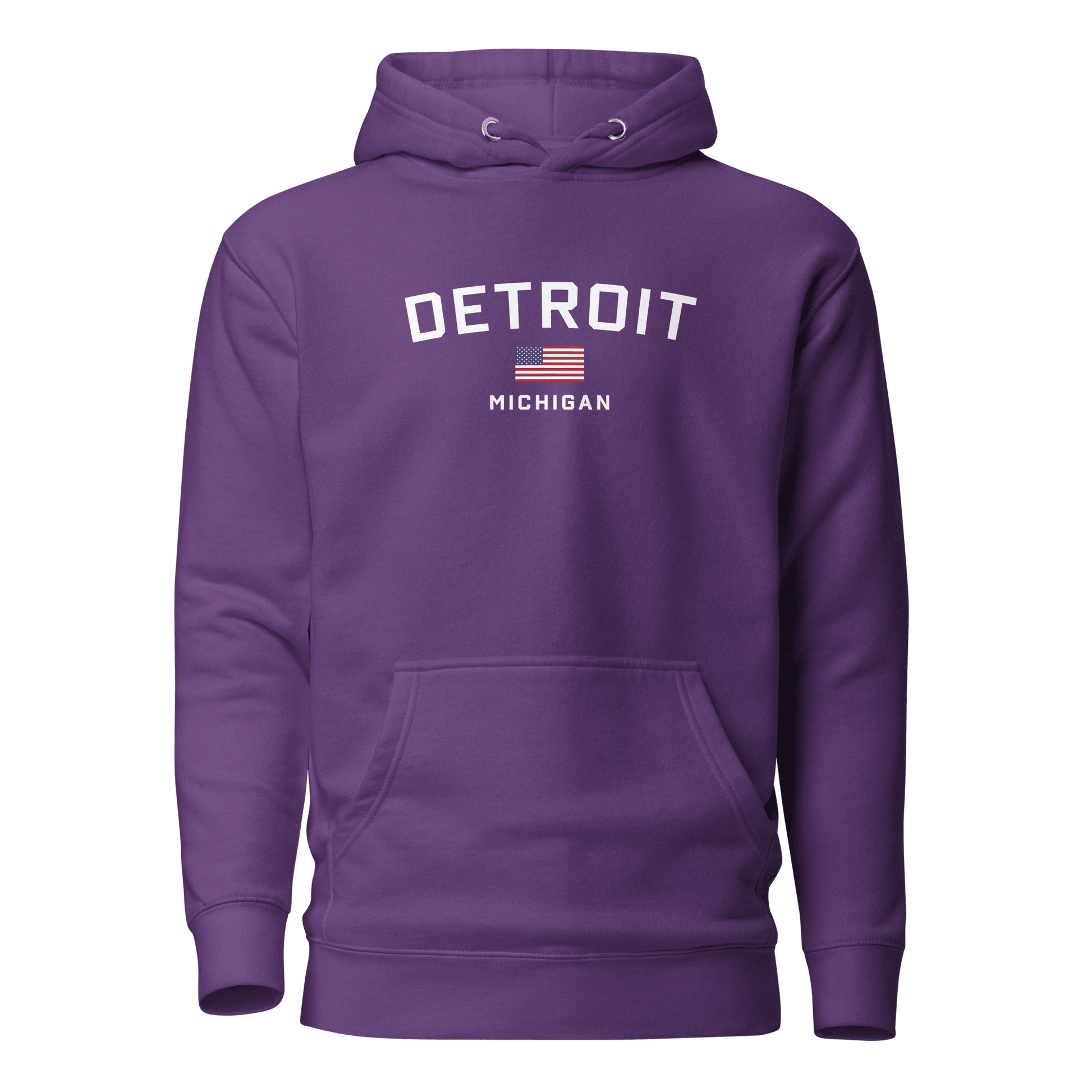 'Detroit Michigan' Hoodie (White/Navy w/ USA Flag) | Unisex Premium - Circumspice Michigan