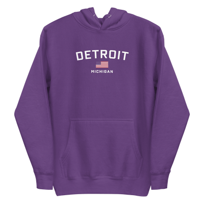 'Detroit Michigan' Hoodie (White/Navy w/ USA Flag) | Unisex Premium - Circumspice Michigan