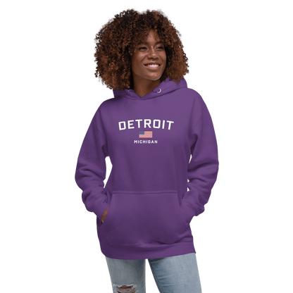 'Detroit Michigan' Hoodie (White/Navy w/ USA Flag) | Unisex Premium - Circumspice Michigan