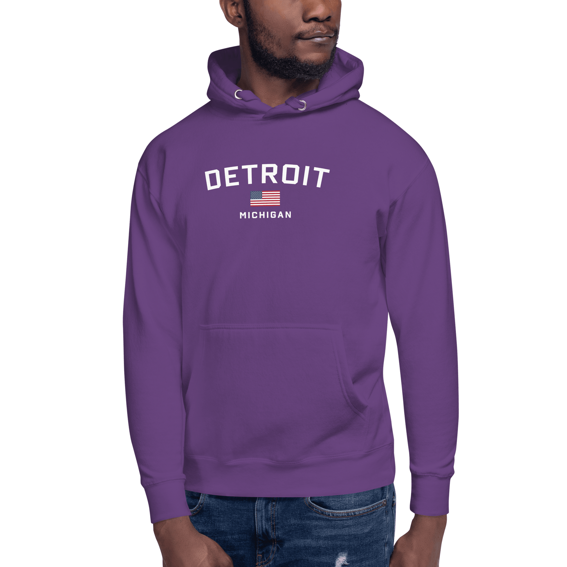 'Detroit Michigan' Hoodie (White/Navy w/ USA Flag) | Unisex Premium - Circumspice Michigan