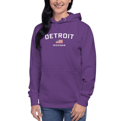 'Detroit Michigan' Hoodie (White/Navy w/ USA Flag) | Unisex Premium - Circumspice Michigan