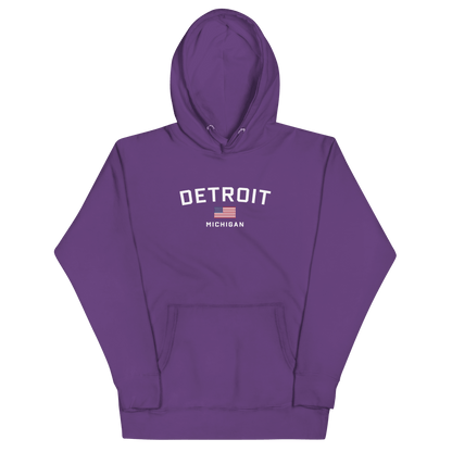 'Detroit Michigan' Hoodie (White/Navy w/ USA Flag) | Unisex Premium - Circumspice Michigan