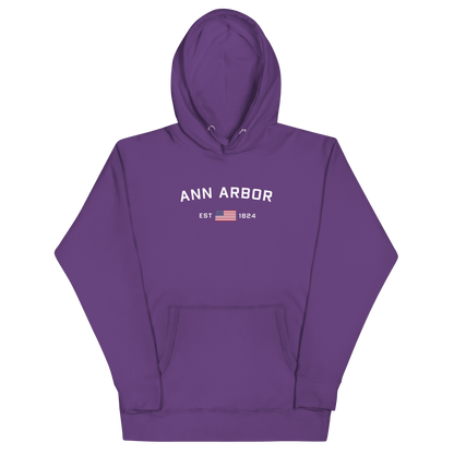 'Ann Arbor EST 1824' Hoodie (w/ USA Flag Outline) | Unisex Premium - Circumspice Michigan