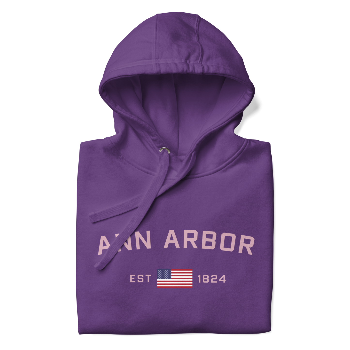 'Ann Arbor 1824' Unisex Premium Hoodie (Pink Type w/USA Flag Outline)