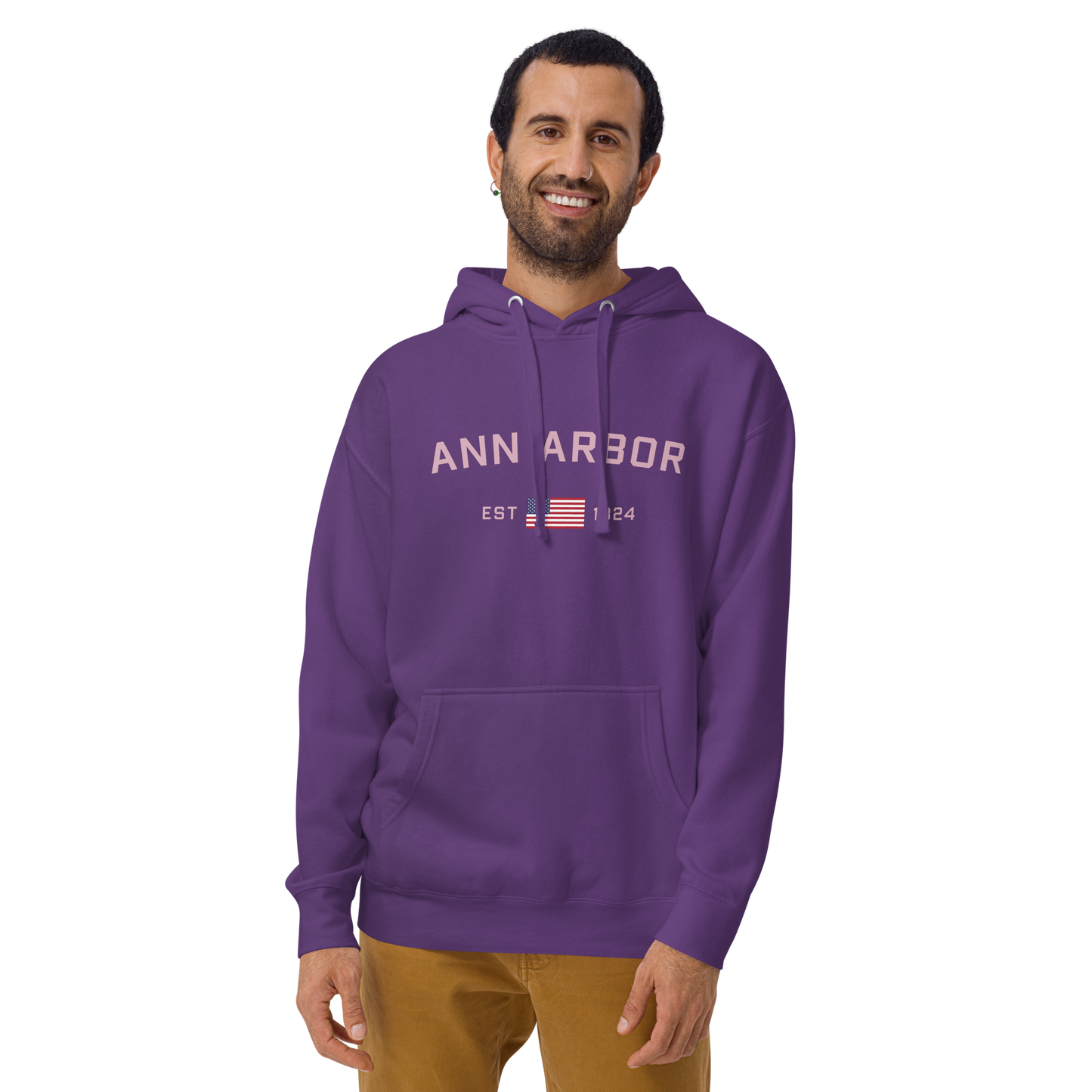 'Ann Arbor 1824' Unisex Premium Hoodie (Pink Type w/USA Flag Outline)