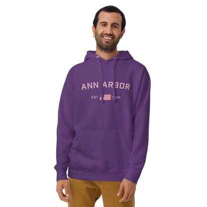 'Ann Arbor 1824' Unisex Premium Hoodie (Pink Type w/USA Flag Outline)